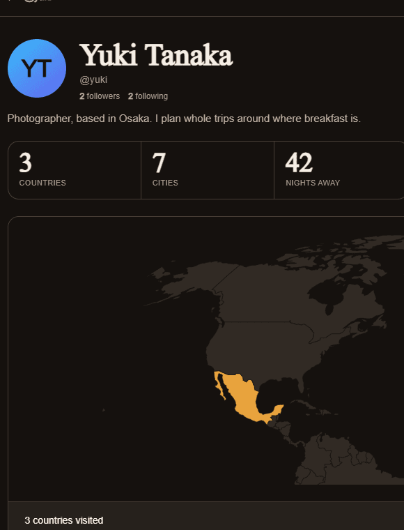 A populated Cityhoppd profile with a travel map, trips and a rating history